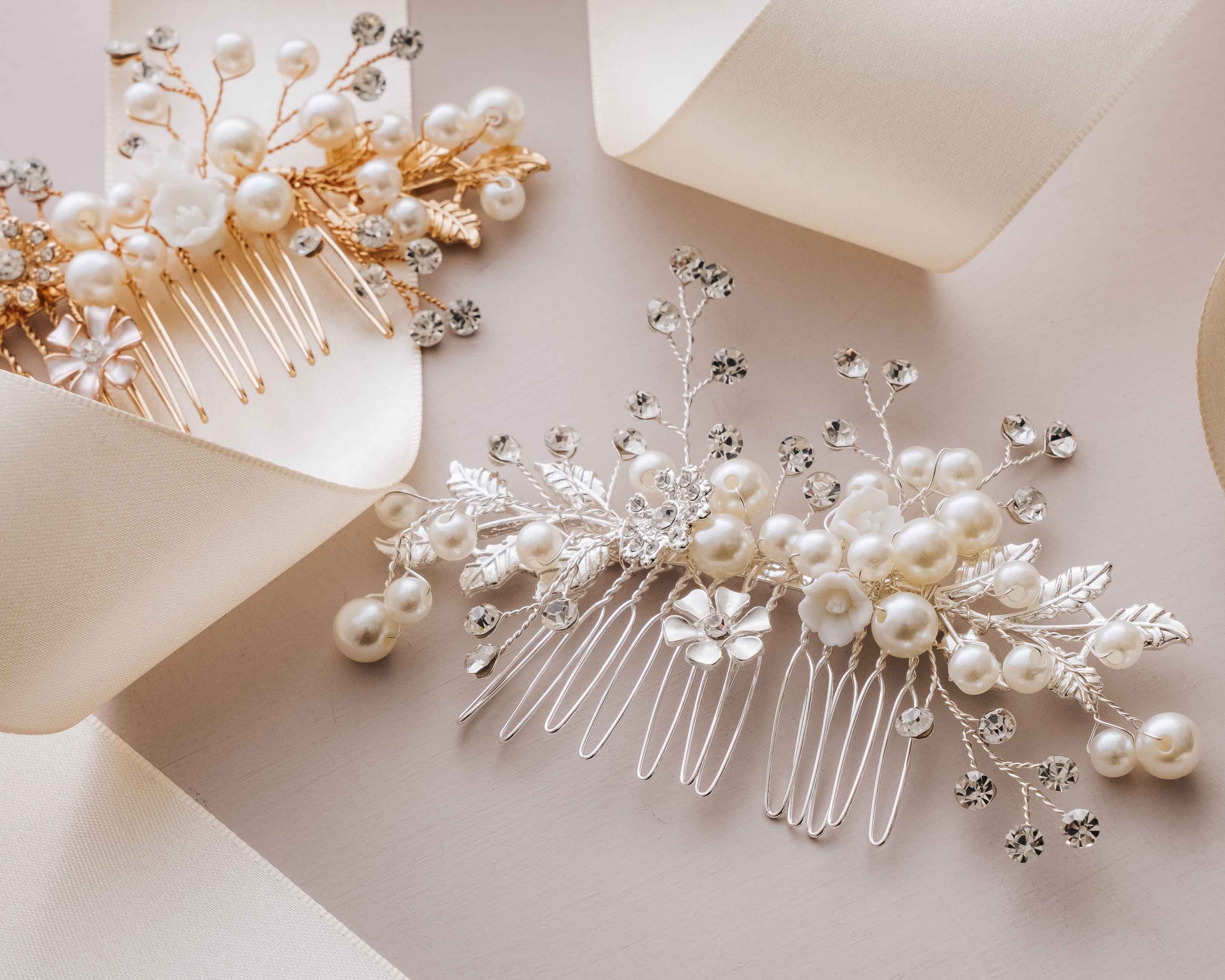 A close-up view of the Bridal Hair Comb, highlighting its intricate pearl and crystal details.