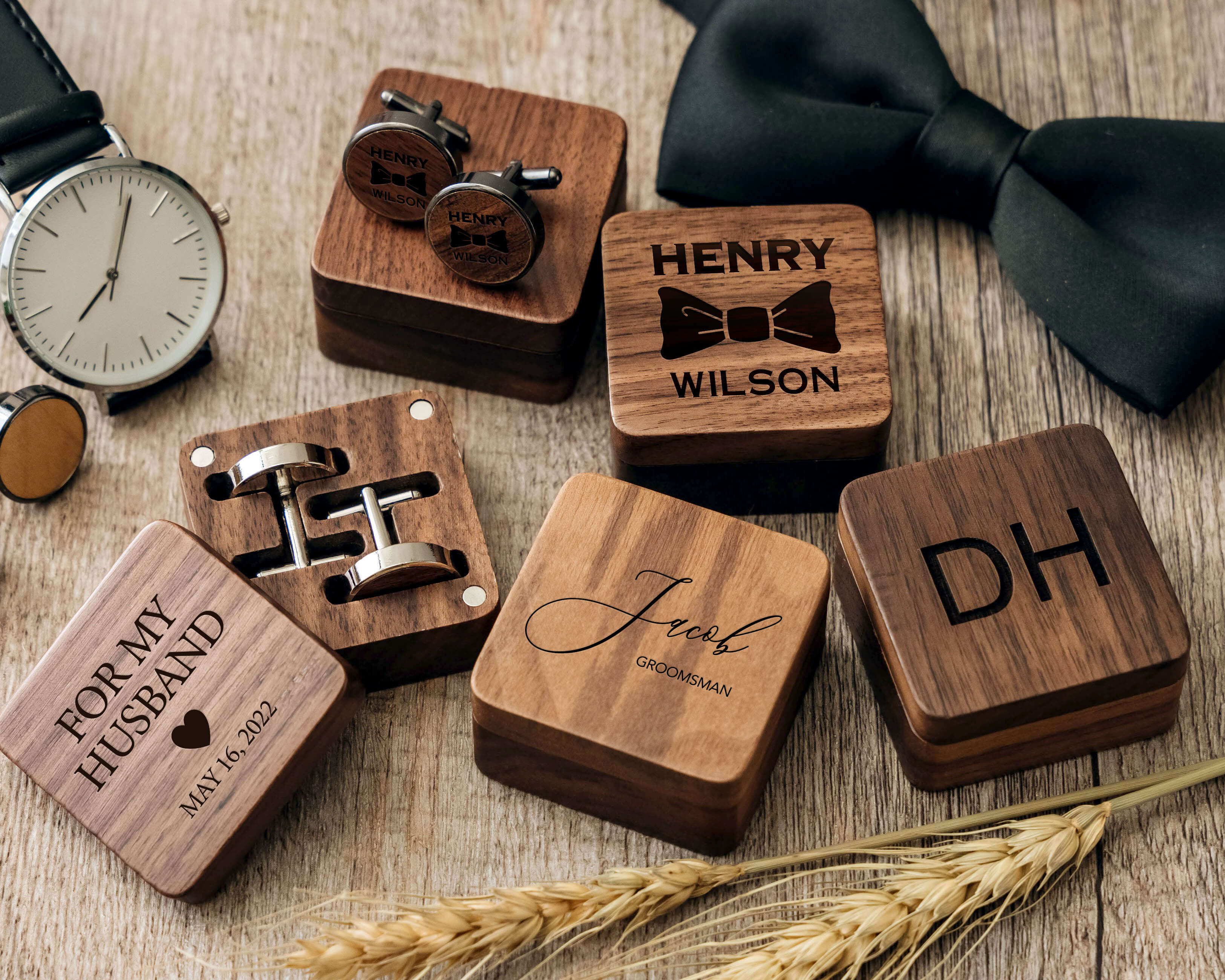 4 design of Personalized Wooden Cufflinks with initials and name, prefect for Groomsmen Gifts.