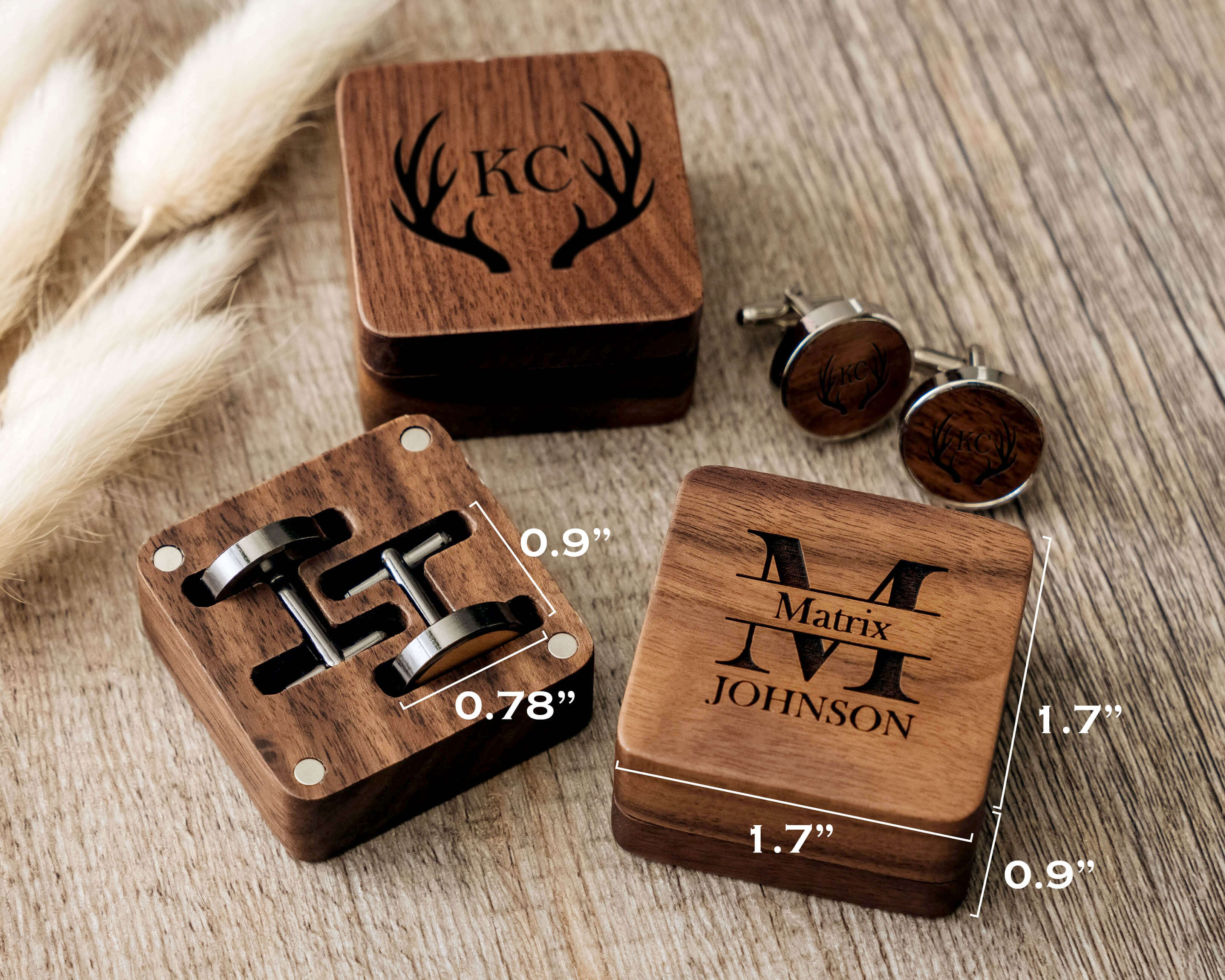 3 design of Personalized Wooden Cufflinks with initials and name with detial dimension.