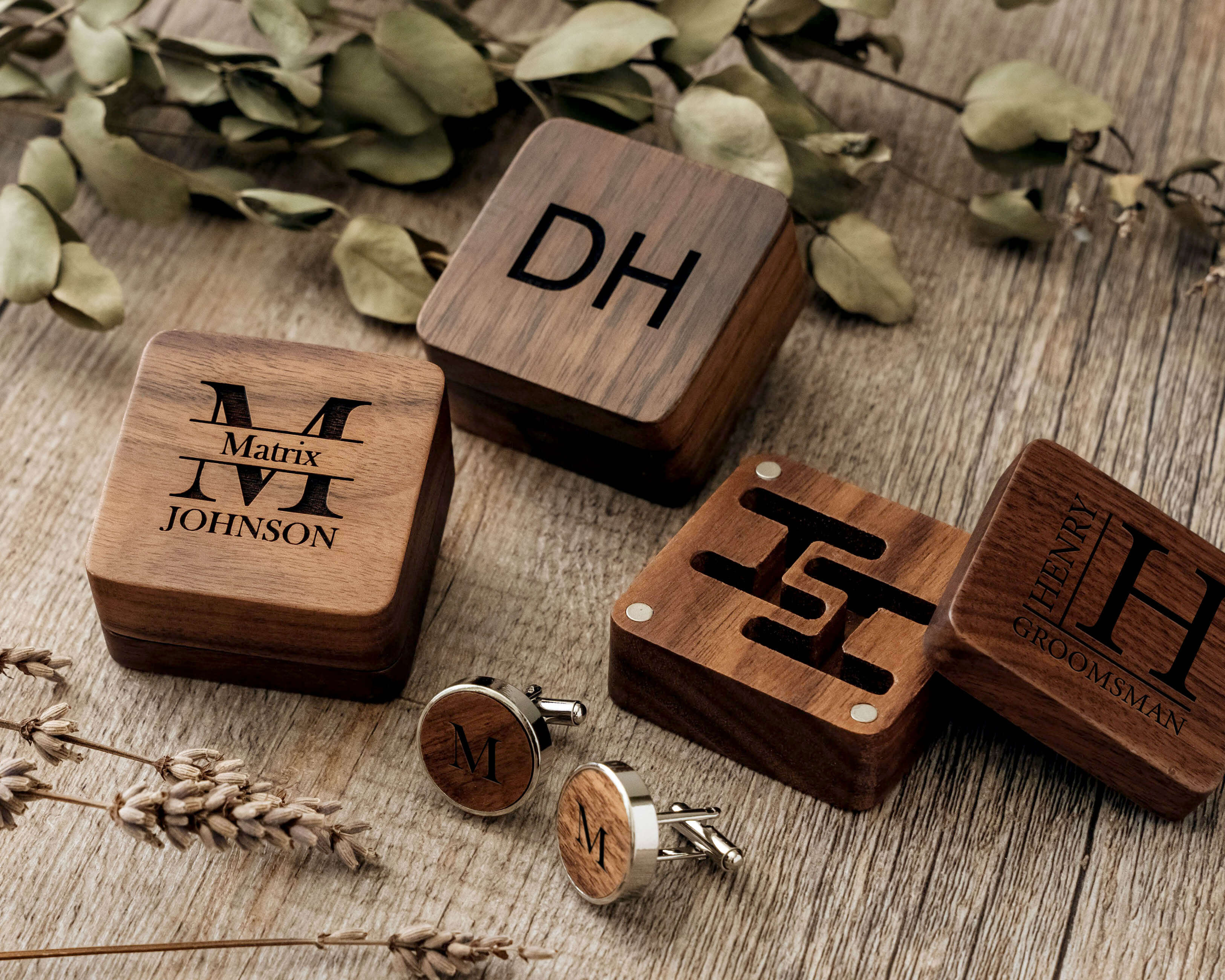 3 design of Personalized Wooden Cufflinks with initials and name, prefect for Groomsmen Gifts.