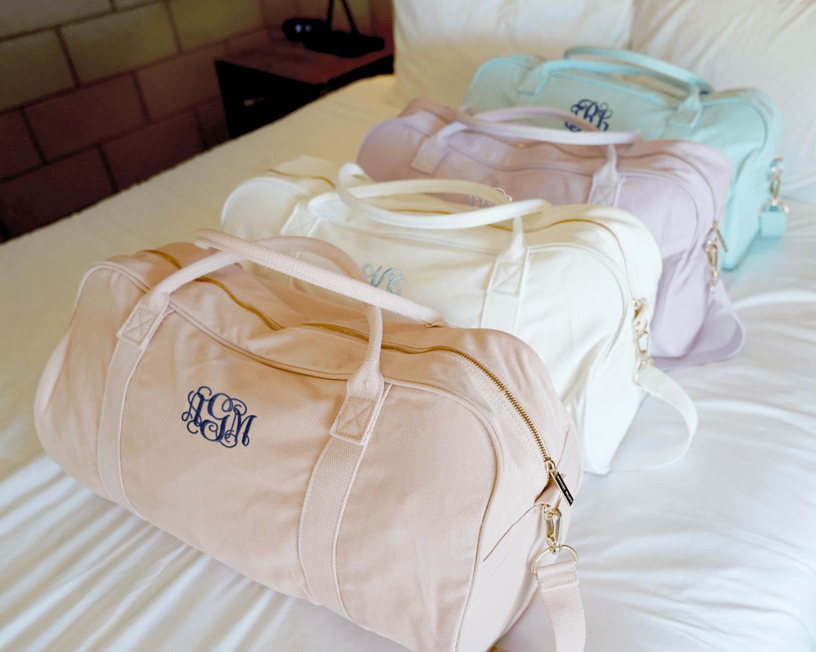 Personalized blush, white, baby blue Duffle Bags with initials