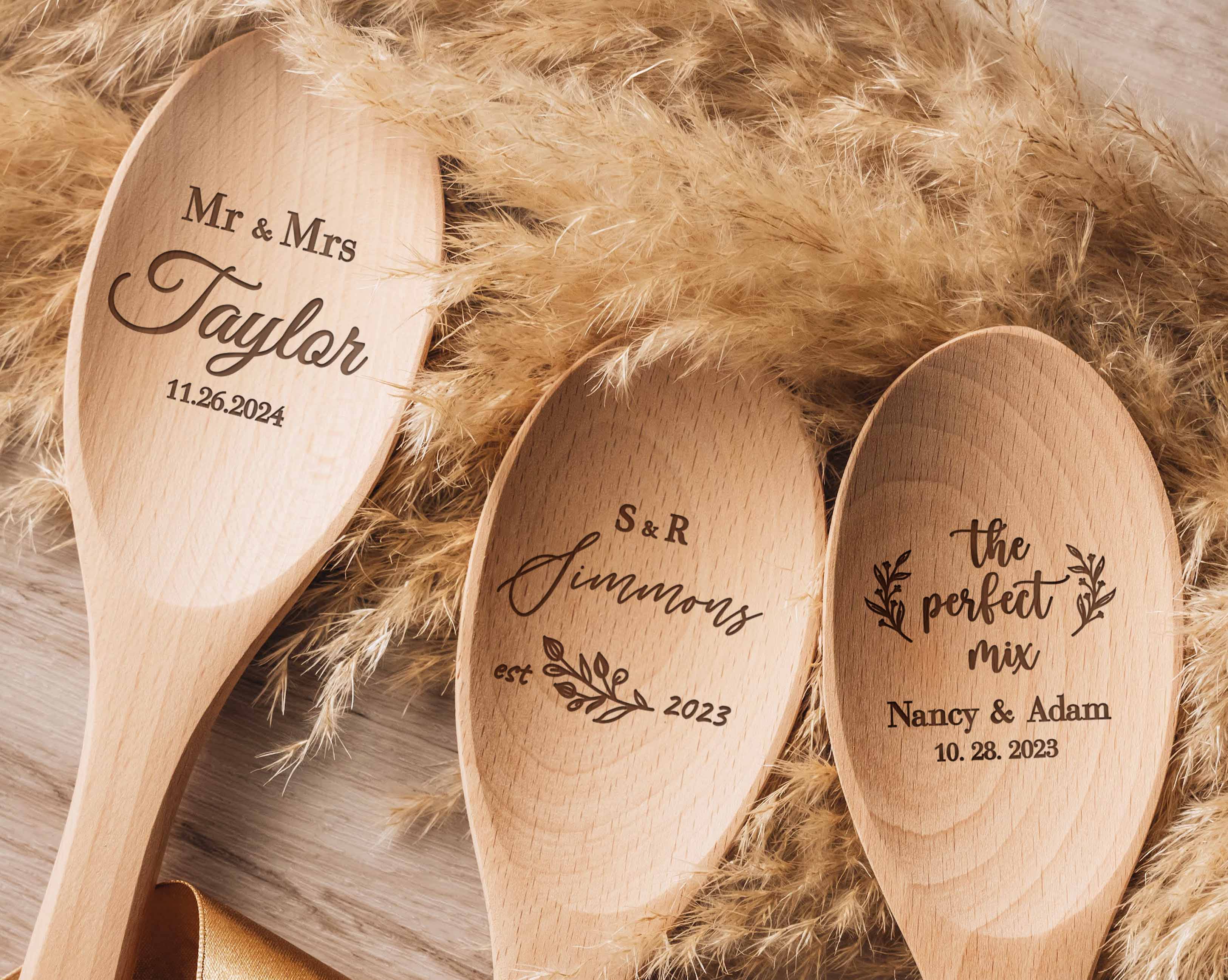 Personalized Engraved Wood Spoon with custom name and date, perfect for housewarming gift.