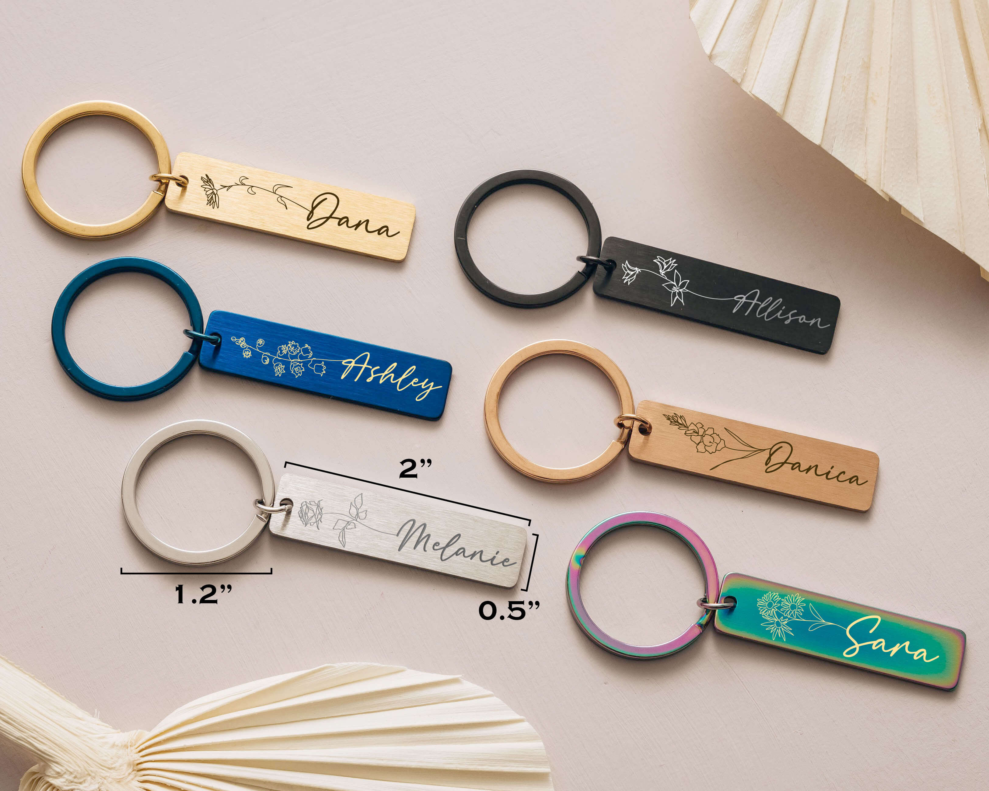 Personalized Keychains with birth flower image, name and dimension details. 
