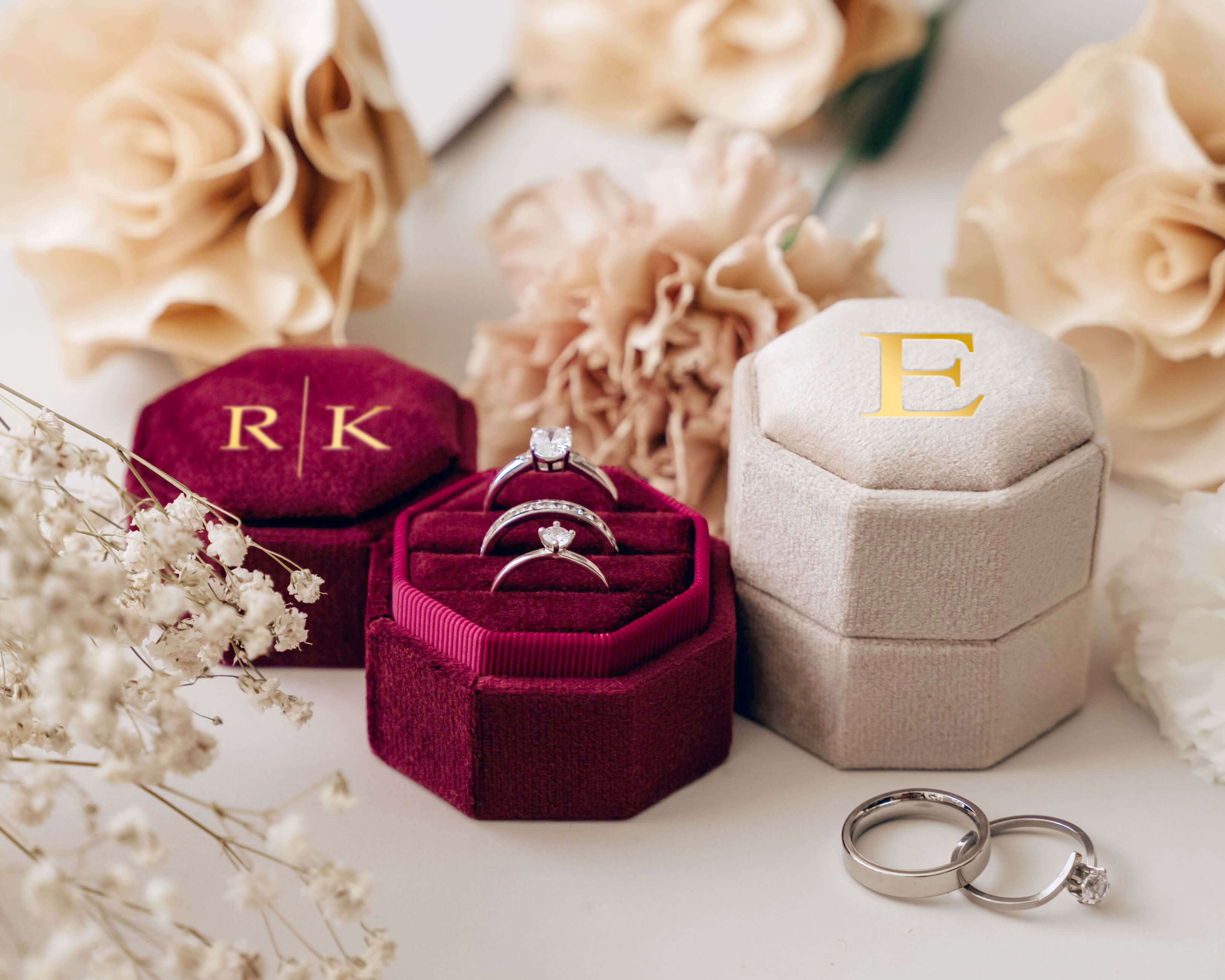 Custom Pink and Burgundy Triple Slot Velvet Wedding Ring Holder with monogram initials and design.